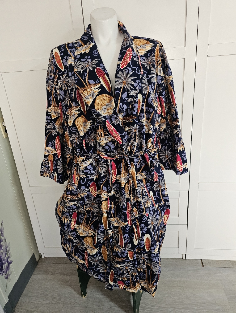 Hello Brand Men Unisex Robe 4X Fits 2X 3X Cotton Surfboard Palm Tree Navy Blue